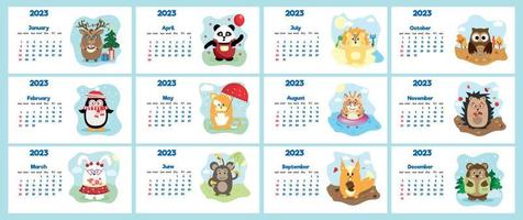 The children's calendar for 2023 with cute hieroglyphs on all pages is set with adorable animals vector