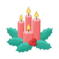 Christmas candles and holly leaves isolated. Flat vector illustration of four burning red candles and ilex leaf and berries. Composition of Christmas Advent symbol