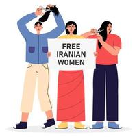 Iranian women's protest. Women holding poster and cutting their hair. Activists support the Iranian woman. vector