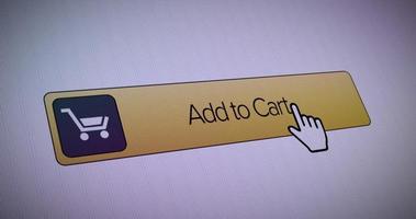 clicando em um botão adicionar ao carrinho com o ponteiro do mouse. um close-up de um site da Internet. fundo de tela de computador pixelizada. vista de perto. conceito de comércio eletrônico. compras online. animação 4k. video