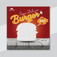 Delicious burger and food menu social media banner template design vector