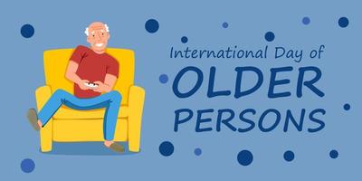 international Day of the Elderly. An elderly man plays computer games sitting on a chair. vector