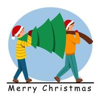 Young people carry a Christmas tree together. Two men are preparing to celebrate the New Year. vector