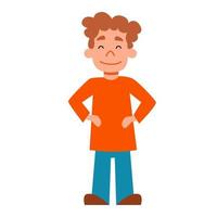 The boy is standing in full height with his hands on his belt. vector