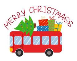 Merry Christmas greeting card. red christmas bus with fir tree and gifts. Side view. vector