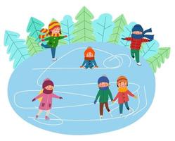 los niños patinan sobre el hielo contra el fondo del bosque. Deportes de invierno. vector