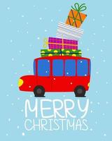 Merry Christmas greeting card. red christmas bus with fir tree and gifts. Side view. vector