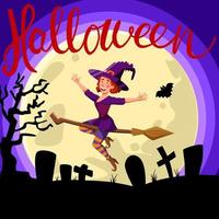 Cemetery background with a big moon. The witch is flying on a broom. The concept of the Halloween holiday. vector