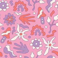 Groovy seamless pattern with flower rainbow mushroom vector