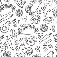 Doodle taco con ingredientes alimentos de patrones sin fisuras vector