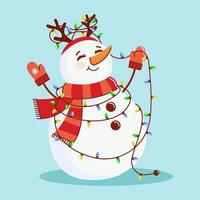 Vector illustration of a snowman with deer horns entangled in a garland. The concept of New Year and Christmas