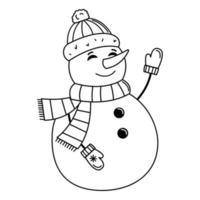 doodle illustration of a snowman in a hat and scarf waving his hand. The concept of New Year and Christmas vector