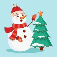 Vector illustration of a snowman with a Christmas tree. The concept of New Year and Christmas