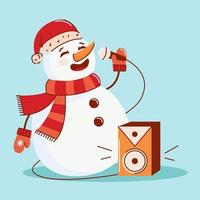 ilustración vectorial de un muñeco de nieve con un micrófono cantando karaoke. el concepto de año nuevo y navidad vector