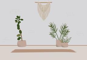 Cozy empty room in bohemian or Scandinavian style with potted plants, macrame wall hanging, and a yoga mat. Vector illustration