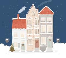 fachada de edificio de navidad con adornos, corona, luces y árbol de navidad. lindo paisaje nevado de la ciudad con el exterior de las casas. decoración navideña, guirnaldas, vista exterior. ilustración vectorial vector