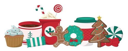 Christmas winter holiday clipart with hot seasonal drinks and tasty homemade cookies, donuts, and candies. Isolated on white background. Design for poster or banner. vector