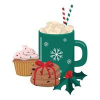 Hot Christmas winter drink with a stack of cookies, cupcake, and holly berries. Isolated on white background, Vector illustration, Merry Christmas themed design.