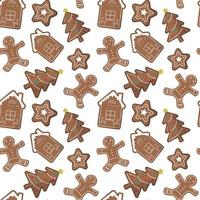 Christmas trees, gingerbread men, houses and stars seamless pattern. Christmas or New Year background. Isolated on white background. For wallpaper, textile, backdrop, wrapping paper. vector