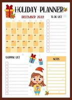 Holiday girly planner. Christmas organizer, month calendar december 2022, to-do list, shopping list and notes with cute girl Santa. Vector New Years vertical template planner for print, design, decor.