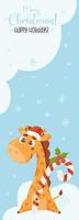 cartel de navidad con linda jirafa en sombrero de santa con palo de caramelo sobre fondo azul con copos de nieve. ilustración vectorial plantilla vertical para diseño, tarjetas navideñas, pancartas, impresión y decoración. vector