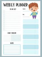 Weekly planner. Organizer, to-do list, notes and habit tracker with happy cartoon boy. Vector illustration. vertical template in blue for print, design, decor, kids collection, stationery.