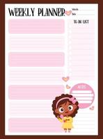 Weekly girly planner, to do list, notes with cute smiling dark-skinned girl. Vector vertical template in pink color. Sheet for printing, design, decor, kids collection, stationery.