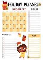 Holiday girly planner. Christmas organizer, monthly calendar december 2022, to-do list, shopping list and notes with cute black ethnic girl in santa hat. Vector New Years vertical template planner.