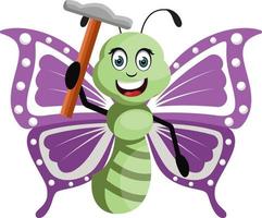 Butterfly with hammer, illustration, vector on white background.