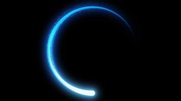 Blue neon light trail circle on black background. Endless circular pattern.Glitter magic spell effect. Light streaks with shimmer. Modern round frame with empty space for text for advertising, banner video