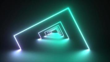 3d abstract geometric background with moving ultraviolet fluorescent neon lines creating illusion of a rotating tunnel or corridor, green and pink spectrum.4k seamless loop animation,laser lights show video