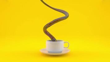 taza de café blanca sobre un fondo amarillo con una espiral líquida 3d, hélice o remolino saliente. concepto de publicidad comercial de desayuno, energía, mañana, trabajo, cafeína y bebida. animación abstracta en 4k. video