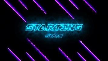 Starting soon electric neon text intro, with ultraviolet neon lines and black background. Futuristic and technology concept, perfect for streams, videos, broadcast and live transmissions. video