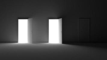 varias puertas que se abren, de la oscuridad de la habitación a la luz. símbolo de oportunidad, libertad, futuro, esperanza. tres opciones, concepto de elección correcta. video