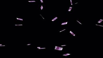 animação de notas de euros caindo, conceito de sucesso nos negócios, rico, milionário, notas, loteria e abundância. fundo de chuva de dinheiro 3d em 4k. video