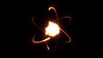 neon lichten atoom model. abstract brand atoom of vuurbol in de omgeving van kern Aan zwart achtergrond. concept van wetenschap, energie, er toe doen, quantum natuurkunde. video