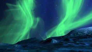 hermosa animación de la aurora boreal. luces verdes aurora boreal en noruega, canadá, finlandia, islandia y suecia. clima polar y cielo estrellado azul en una noche fría. Fantástico fondo de movimiento en 4k. video