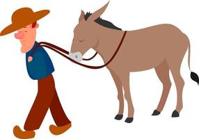 Man with donkey, illustration, vector on white background.