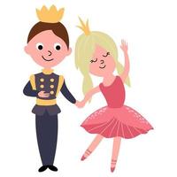 The prince with the princess hold hands. White background, isolate. Vector illustration. Drawn style.