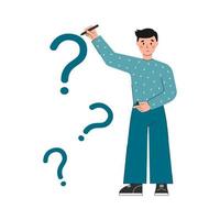 Thinking man draws question marks. Frequently Asked Questions. FAQ. Doubts, problem, curious, confused concept. Vector flat illustration isolated on white background