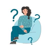 Thinking woman sitting on bag chair with question marks. Frequently Asked Questions. FAQ. Doubts, problem, curious, confused concept. Vector flat illustration isolated on white background