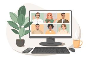 Online meeting via video conference. Group of people talking by internet, web chatting. Vector illustration in flat style.