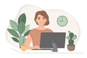 Student woman preparing for exams  using online courses, freelancer working from home. Freelance,  studying or online Education concept. Vector flat style illustration.