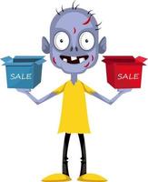 Zombie with sale box, illustration, vector on white background.