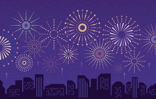 Fireworks Party with City Scene at Night Concept Background vector