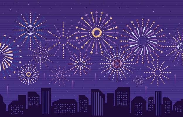 Fireworks Party with City Scene at Night Concept Background
