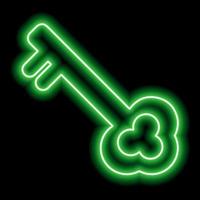 Simple metal key for padlock retro style. Green neon outline on a black background. Illustration vector