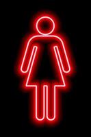un simple símbolo estilizado de una mujer. signo femenino. contorno de neón rojo sobre un fondo negro. firmar el baño de mujeres. vector