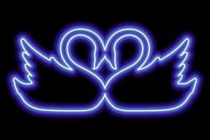 A copuple of swans touching each other's heads. A couple of birds in love. Blue neon outline vector