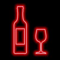 Red neon outline of a bottle of wine with a label and a glass on a black background. Bar icon vector